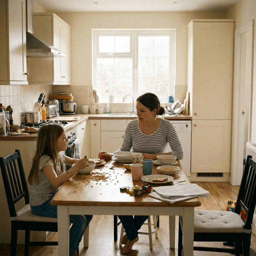 Family with several children and a dog preparing for the day in a kitchen.