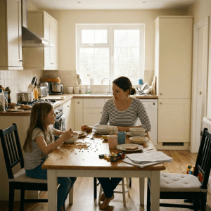 Family with several children and a dog preparing for the day in a kitchen.