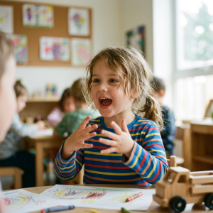 Child in striped shirt excitedly sharing drawing with peers in classroom