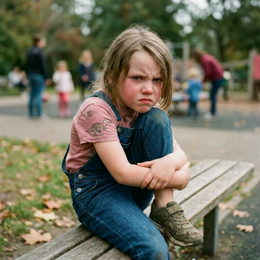 Young girl crying and sitting alone on a bench in a park