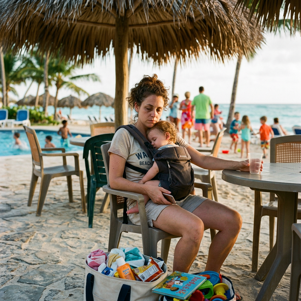 Mother sitting on beach chair holding sleeping baby in carrier under a thatched umbrella
