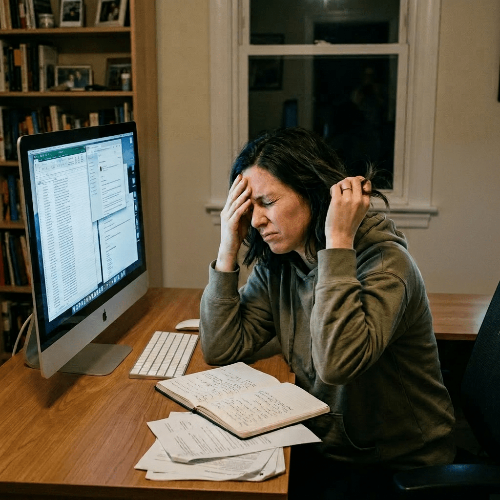 Woman in green hoodie stressed at cluttered desk with computer screens, papers, and notebook