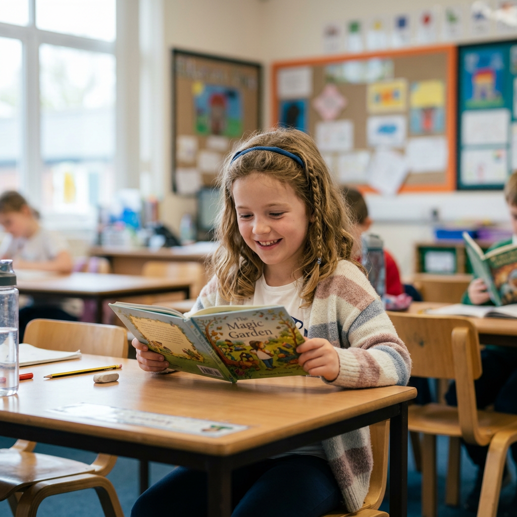 Young girl reading The Magic Garden book at school desk