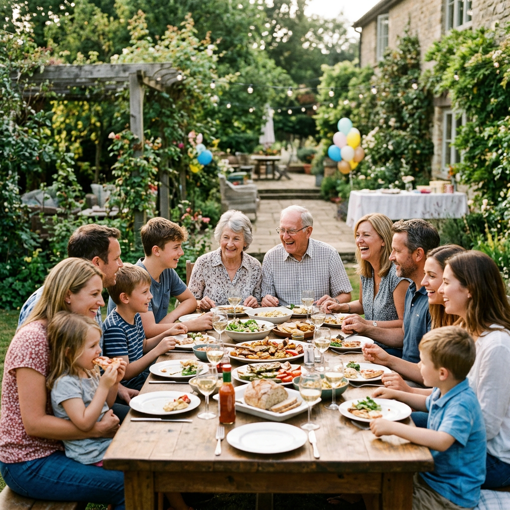 Family of various ages enjoying dinner at a long outdoor table